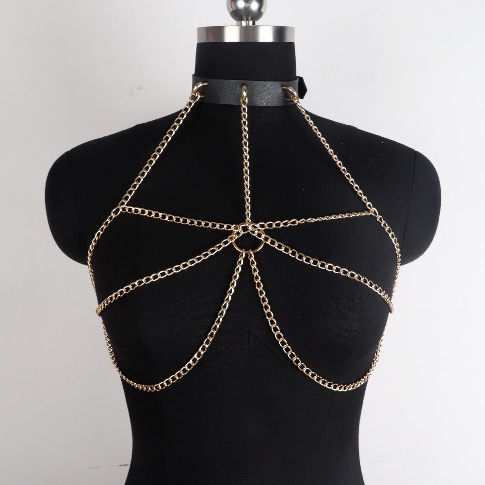 Traje dominatriz de cuero con cadena para mujer, sujetador abierto con cuello de Bondage para el cuerpo, accesorios Punk exóticos.