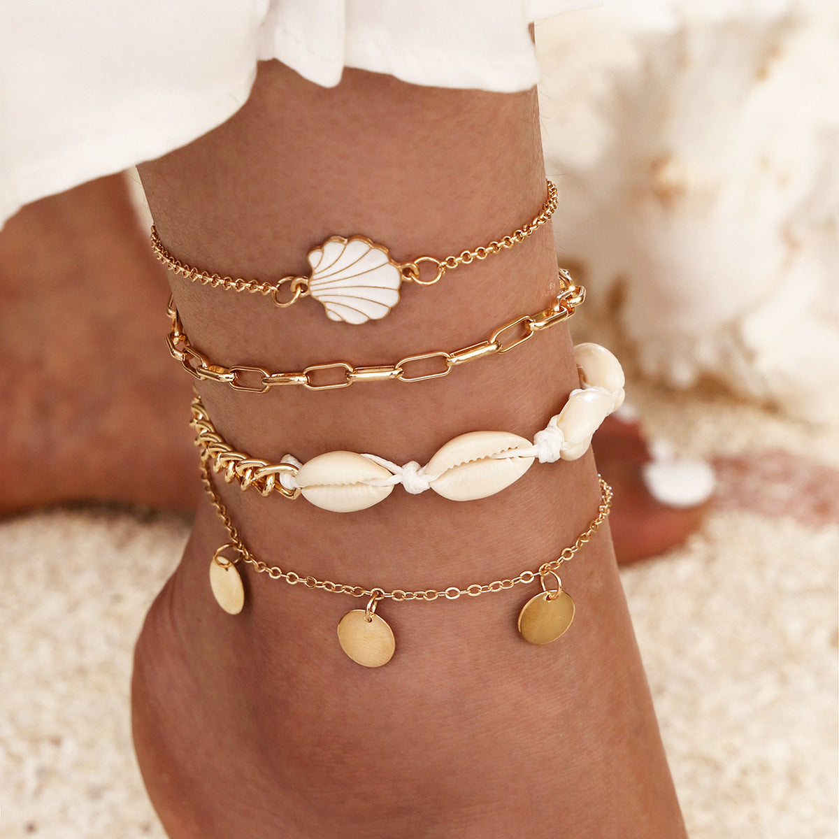 Conjunto de tobilleras de cadena de concha, joyería de playa de verano a la moda