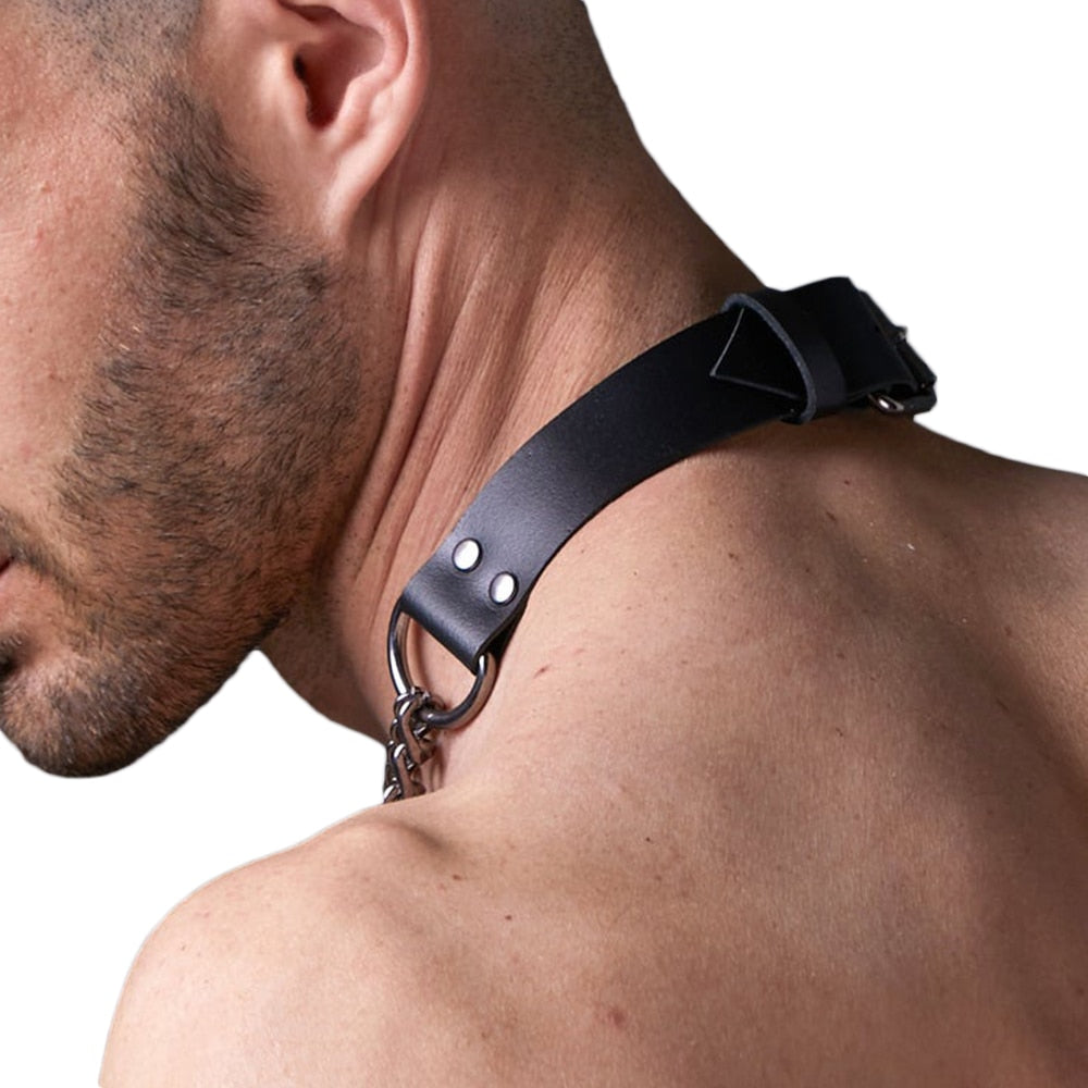 Man Harness Chain Collar PU Leather Handmade Punk Style Neck Necklace Bondage Fetish Gay Lothing Adjustable Accessories 2022