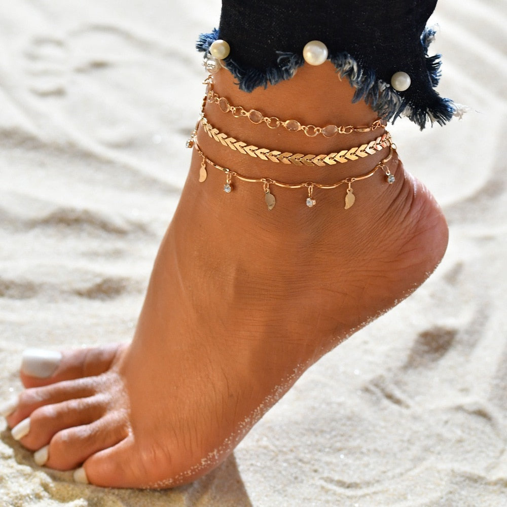 Conjunto de tobilleras de cadena de concha, joyería de playa de verano a la moda