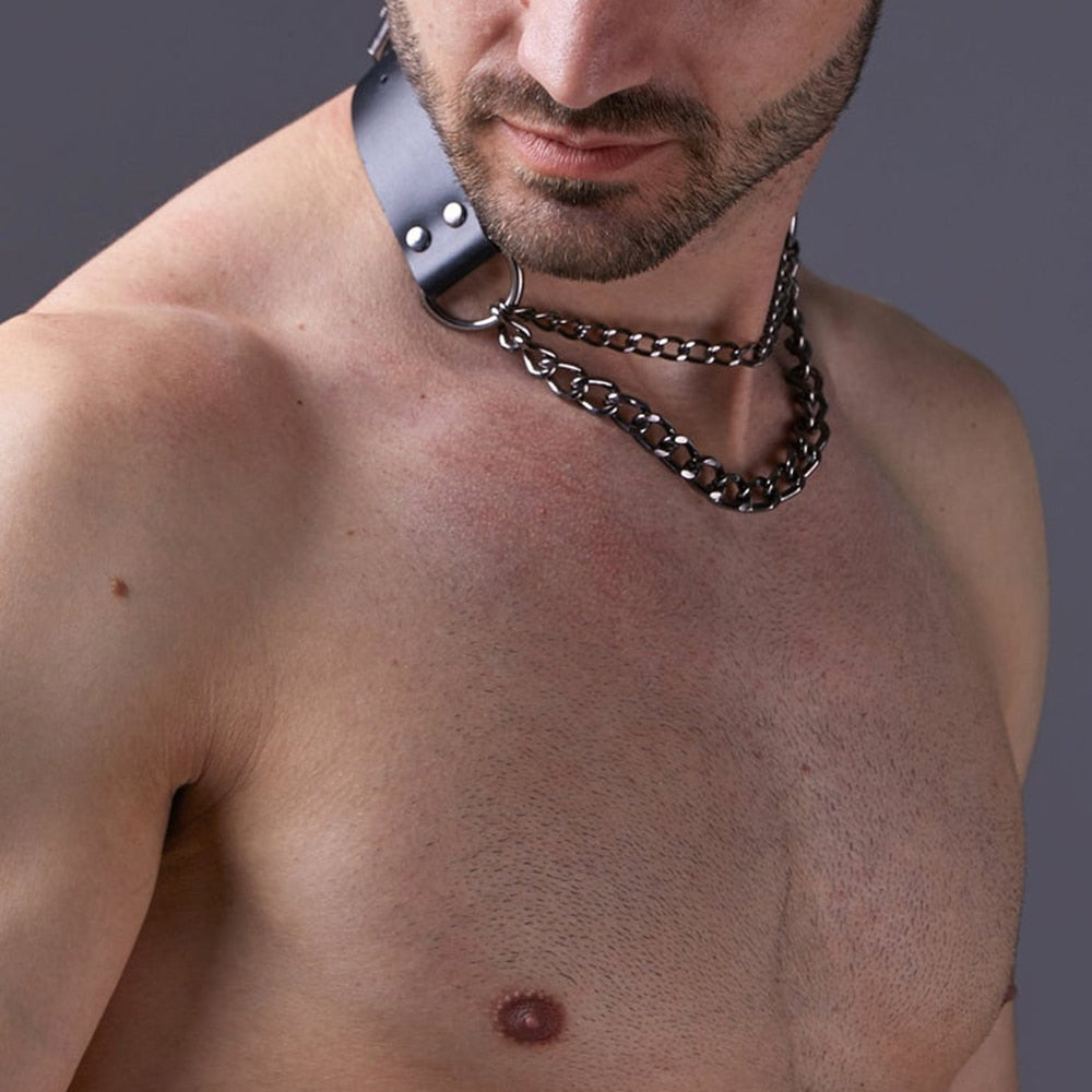 Man Harness Chain Collar PU Leather Handmade Punk Style Neck Necklace Bondage Fetish Gay Lothing Adjustable Accessories 2022