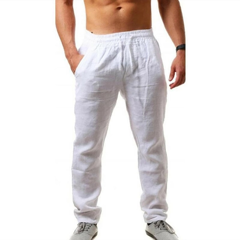 Pantalones largos de lino y algodón para hombre.