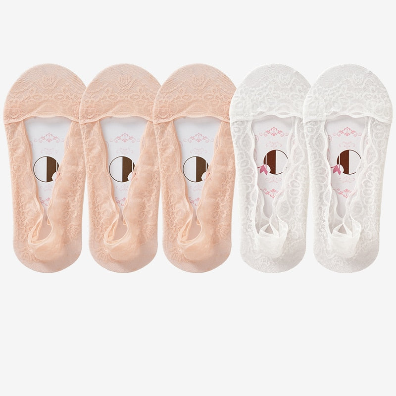 Calcetines cortos de flores de encaje para mujer, calcetines tobilleros antideslizantes, invisibles de algodón (5 PARES)