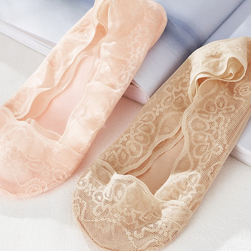 Calcetines cortos de flores de encaje para mujer, calcetines tobilleros antideslizantes, invisibles de algodón (5 PARES)