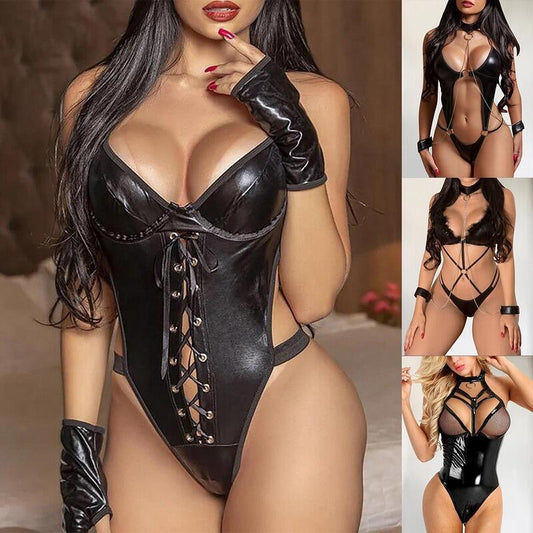 bodydoll - Conjunto Sexy de una pieza con cadena de cuero lacado, Body sexy, Vestido Exotico