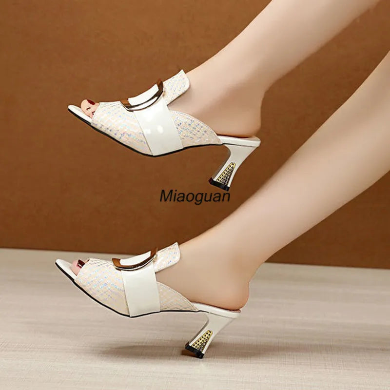 2023 Open-toe Women's Sandals Elegant Thick Middle Heels Slippers Fashion  Summer Comfort Woman High Heel Shoes Chaussure Femme
