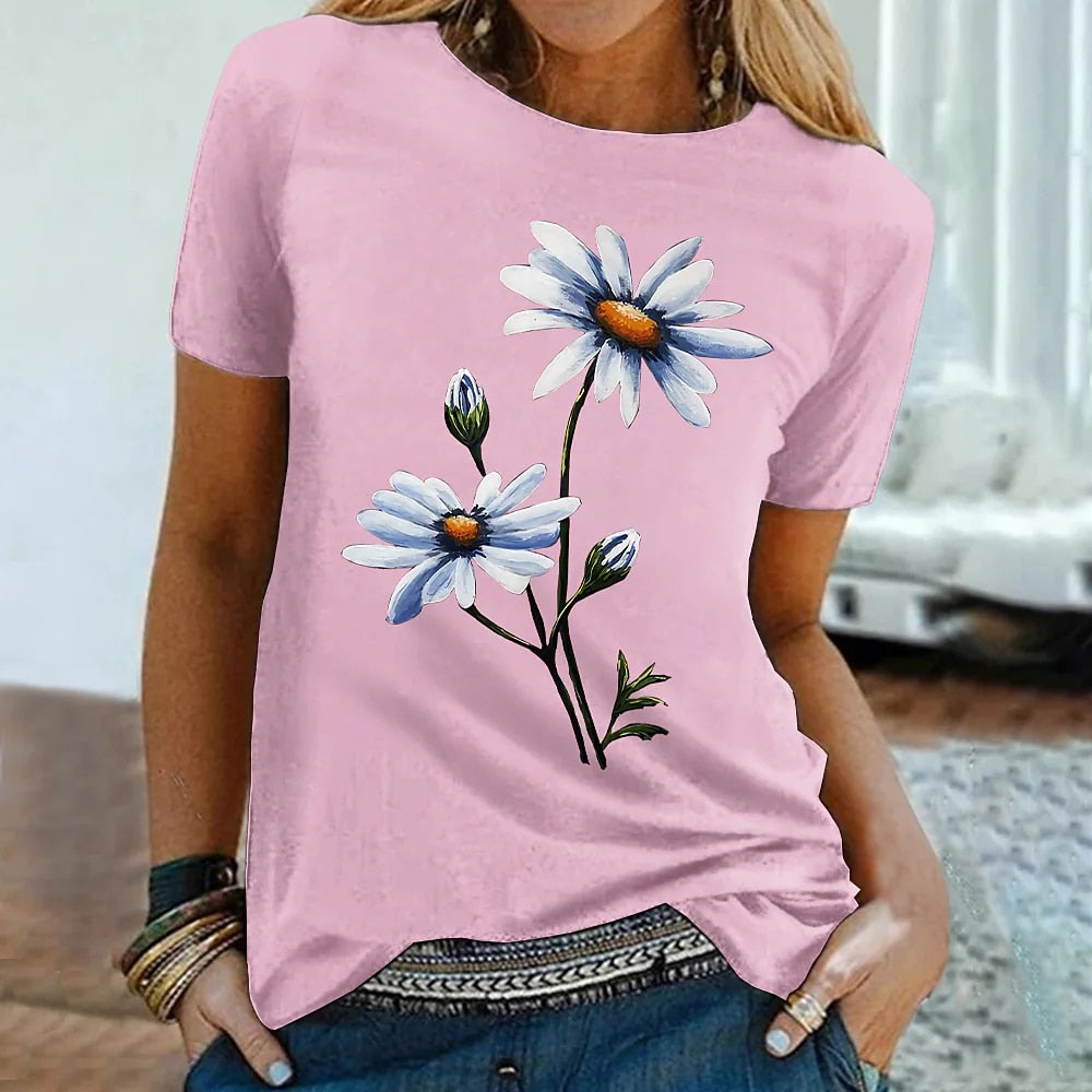 Camiseta de mujer con estampado de margaritas, manga corta.