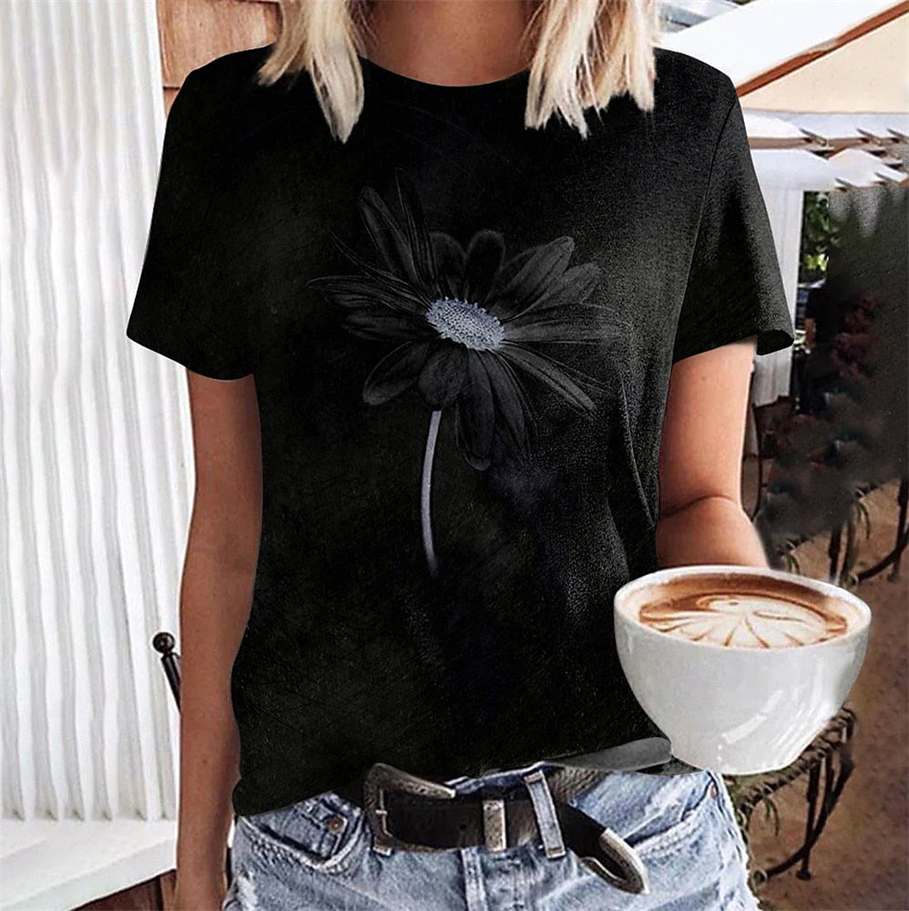 Camiseta de mujer con estampado de margaritas, manga corta.