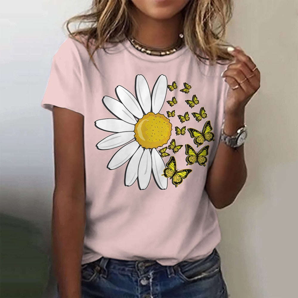 Camiseta de mujer con estampado de margaritas, manga corta.