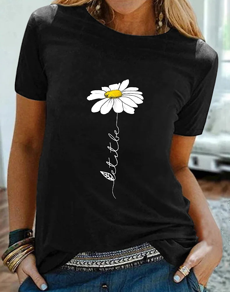 Camiseta de mujer con estampado de margaritas, manga corta.