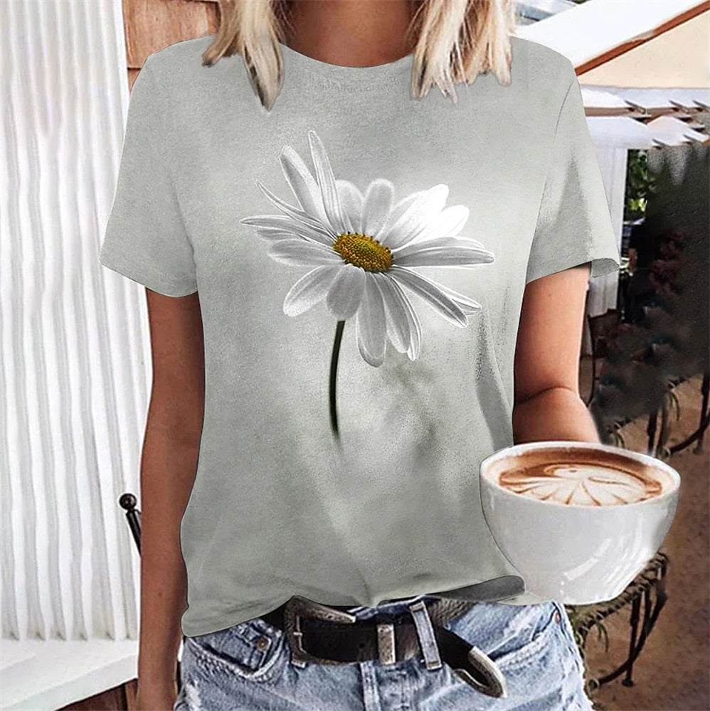 Camiseta de mujer con estampado de margaritas, manga corta.