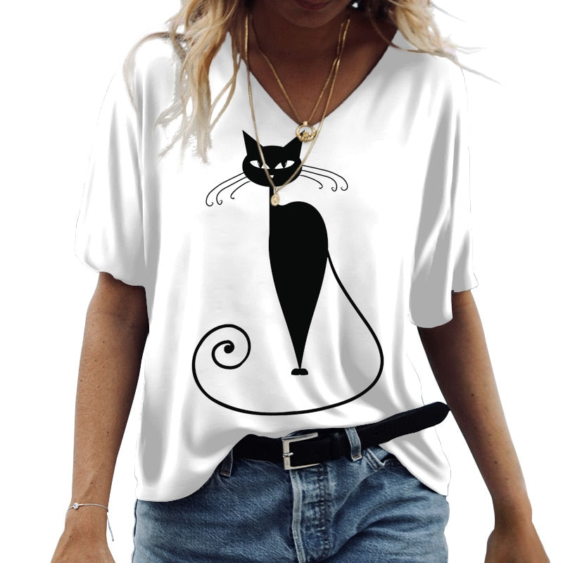 Camiseta de mujer estampado de gato de dibujos animados.