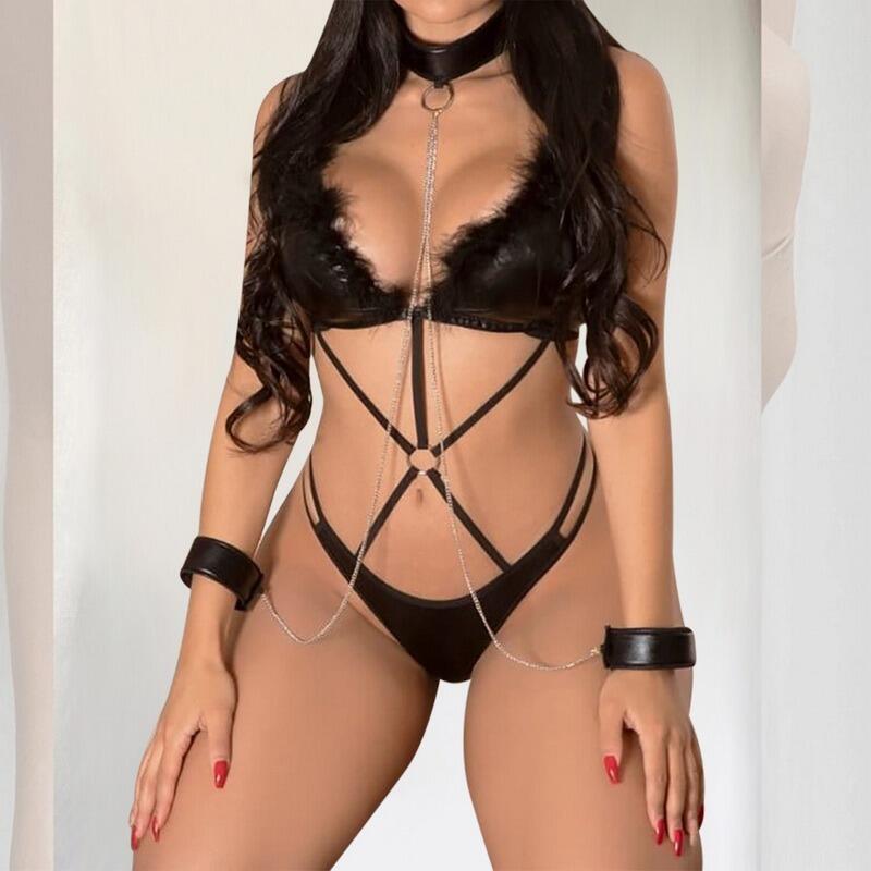 bodydoll - Conjunto Sexy de una pieza con cadena de cuero lacado, Body sexy, Vestido Exotico