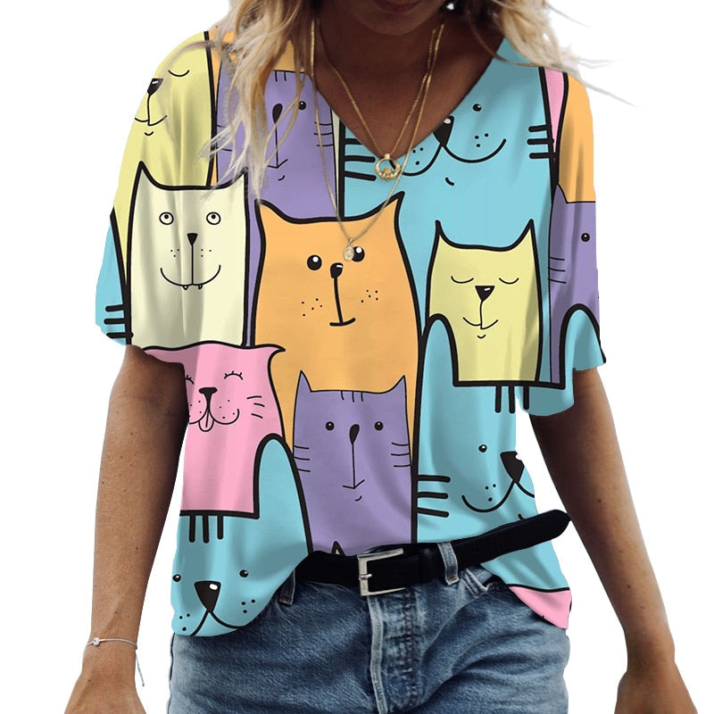 Camiseta de mujer estampado de gato de dibujos animados.