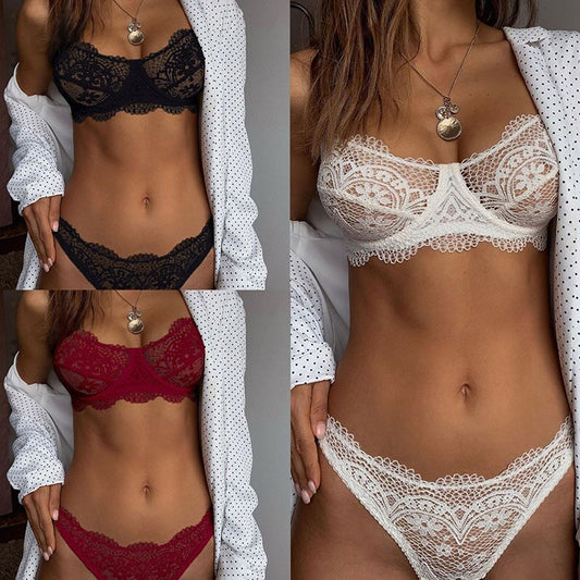 Conjunto de Sujetador de encaje de pestañas Sexy, transparente con espalda cruzada en V